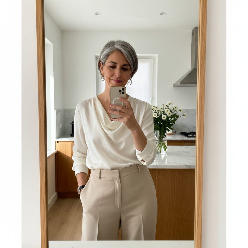 Klant in ivoor zijden blouse en beige broek