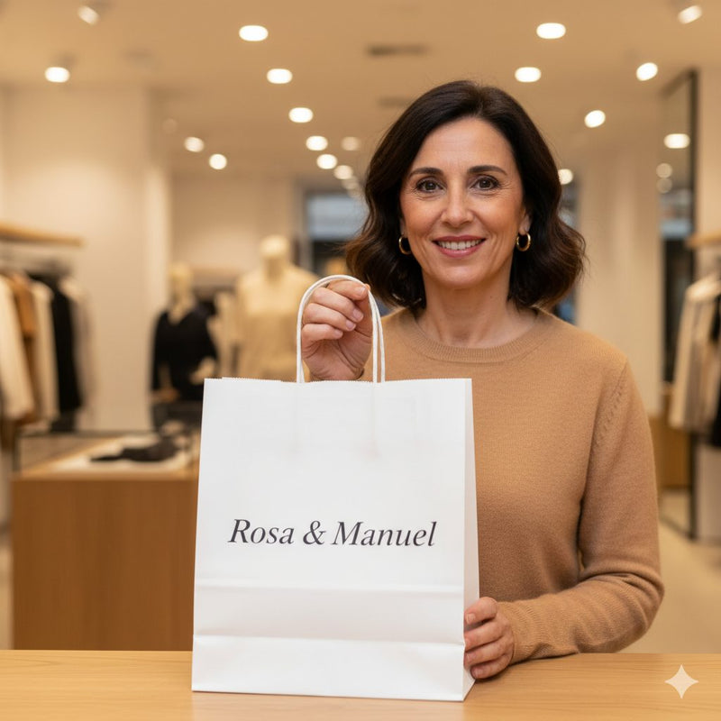 Klant toont Rosa & Manuel tas in winkel