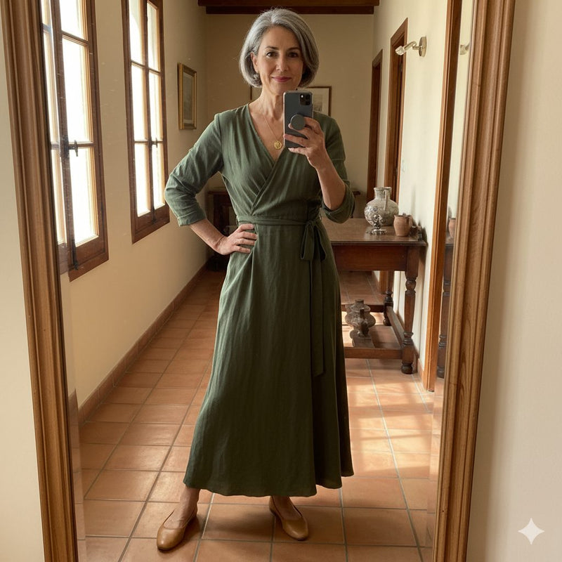 Klant in olijfgroene wrap-jurk